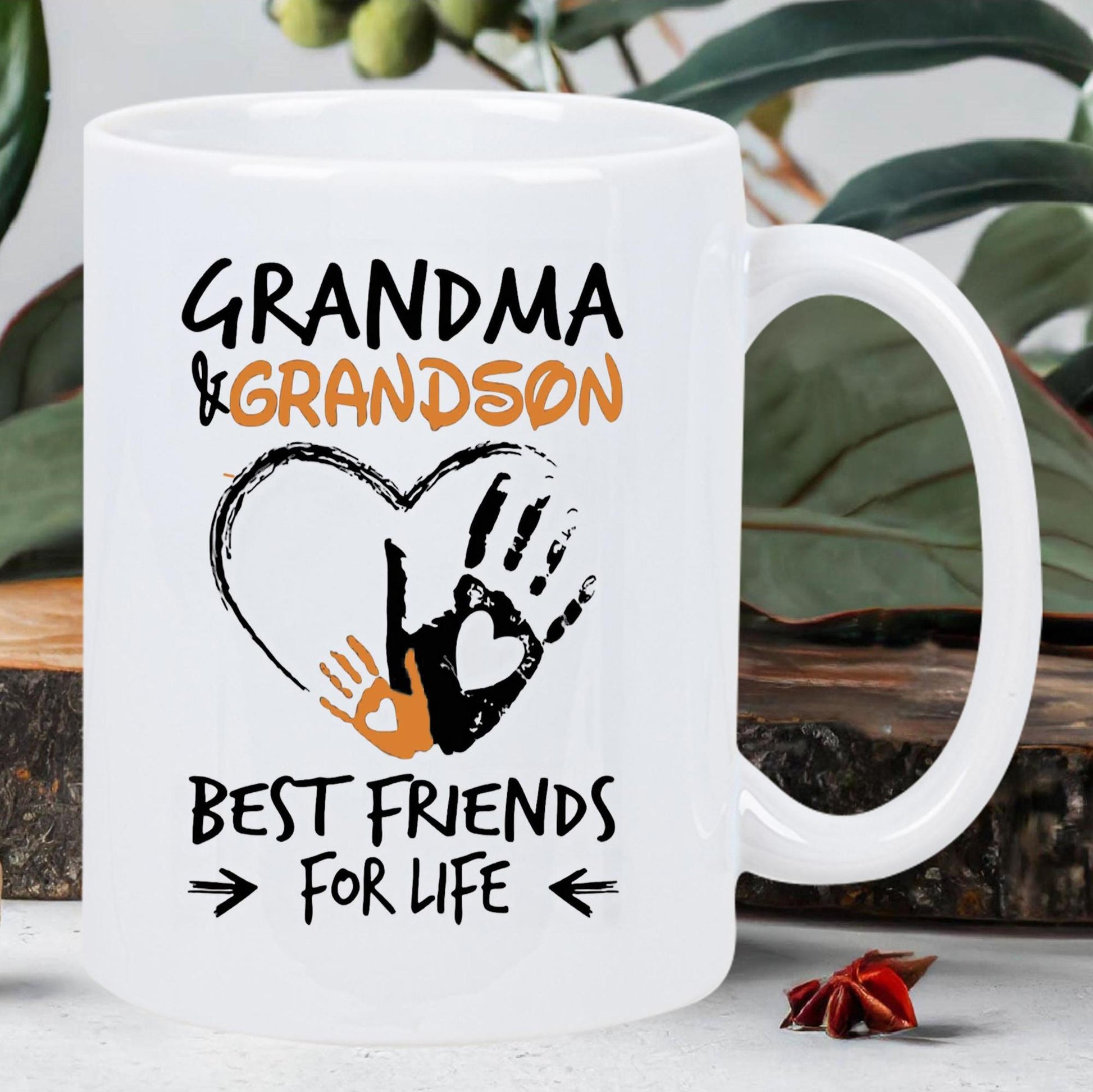 Tailorly White Ceramic 11 oz Mug - Grandma Grandson Best Friends For Life Large And Small Handprints Placed Inside A Decorative Heart Mug