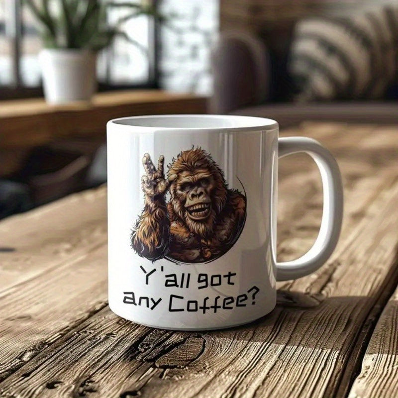 Tailorly White Ceramic 11 oz Mug - Yall Got Any Coffee Brown Hairy Primate Character Making A Peace Sign Within Circular Frame Sasquatch