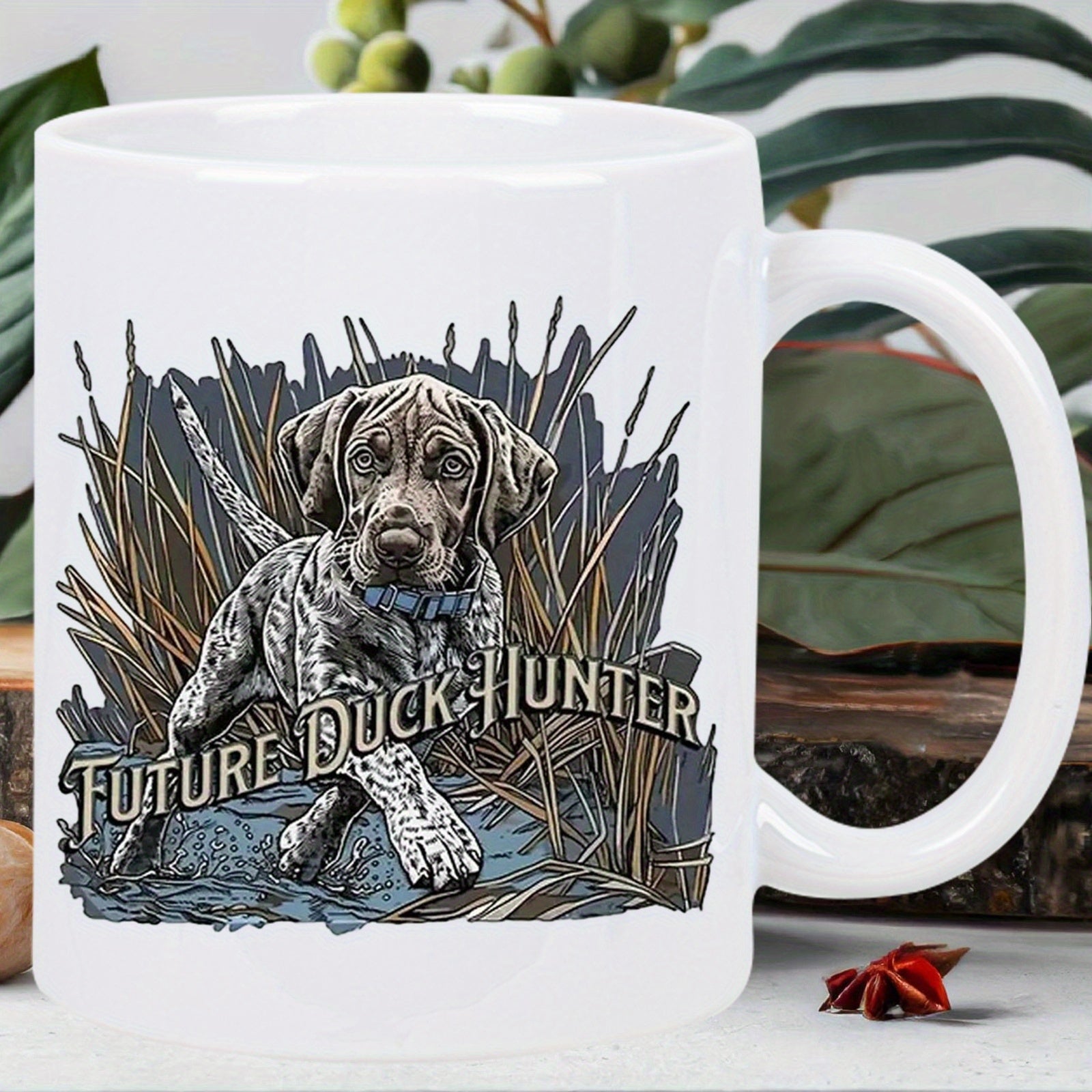 Tailorly White Ceramic 11 oz Mug - Future Duck Hunter Spotted Pointer Puppy Waiting Among Tall Reeds In Rustic Wetlands Dog