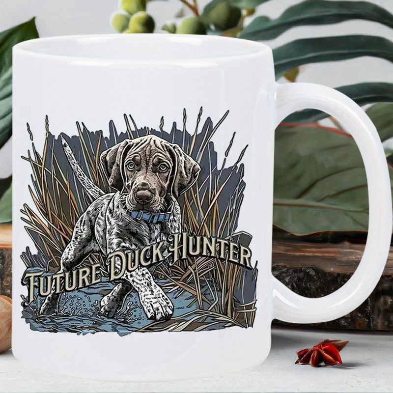 Tailorly White Ceramic 11 oz Mug - Future Duck Hunter Spotted Pointer Puppy Waiting Among Tall Reeds In Rustic Wetlands Dog