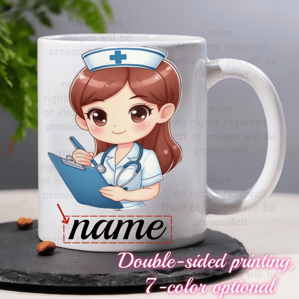Tailorly White Ceramic 11 oz Mug - Name Cute Cartoon Character Holding A Clipboard And Wearing Stethoscope Medical Nurse