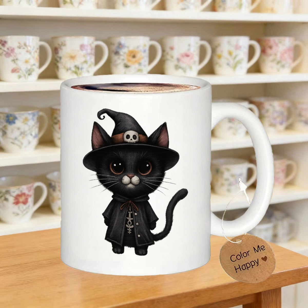 Tailorly White Ceramic 11 oz Mug - Color Me Happy Mystical Tiny Black Kitten Wearing Pointed Witch Hat And Robe Cat