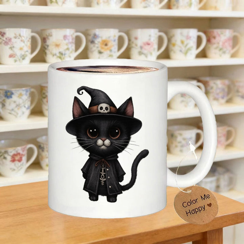 Tailorly White Ceramic 11 oz Mug - Color Me Happy Mystical Tiny Black Kitten Wearing Pointed Witch Hat And Robe Cat