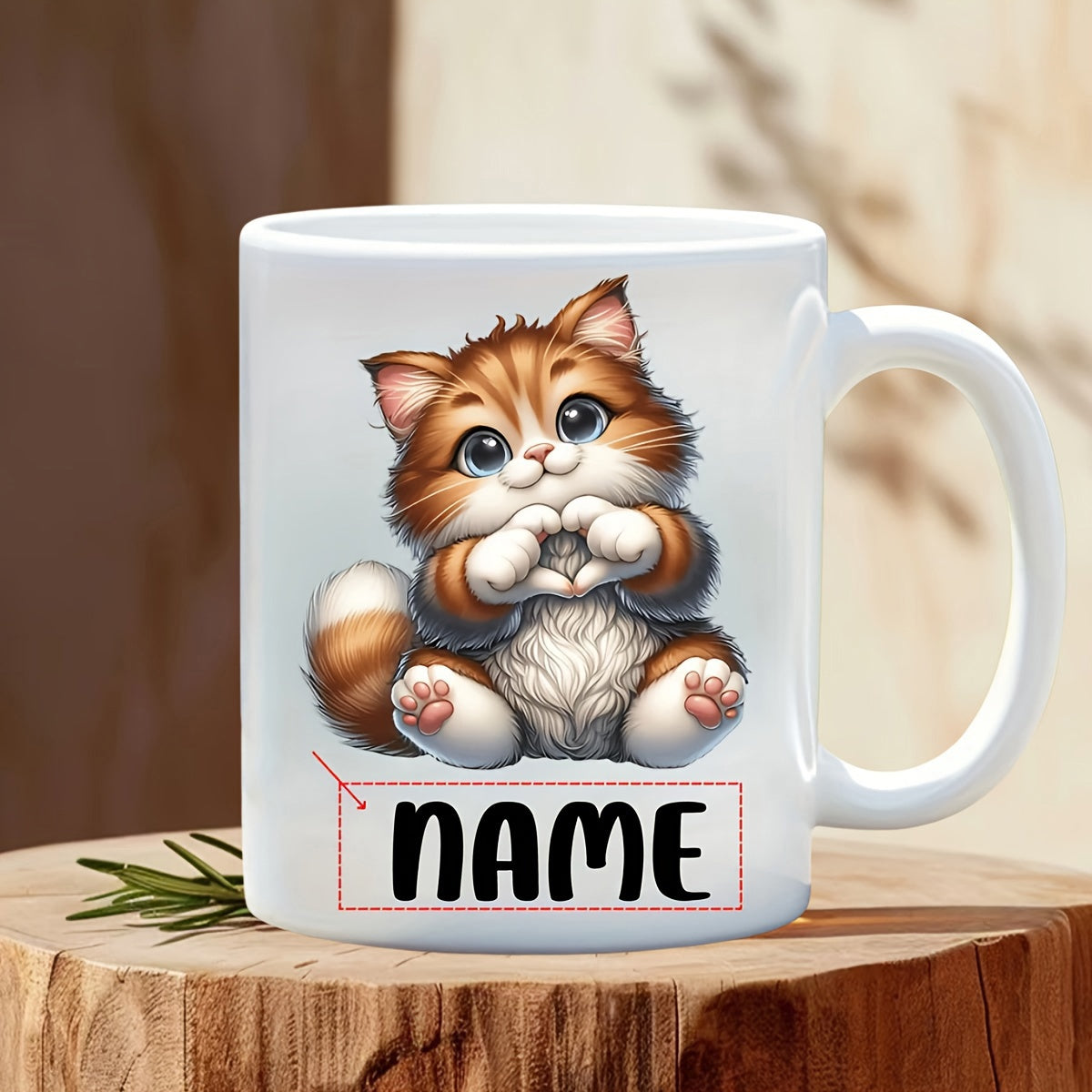 Tailorly White Ceramic 11 oz Mug - Name Adorable Fluffy Brown Tabby Kitten Creating Heart Shape With Paws Kitten