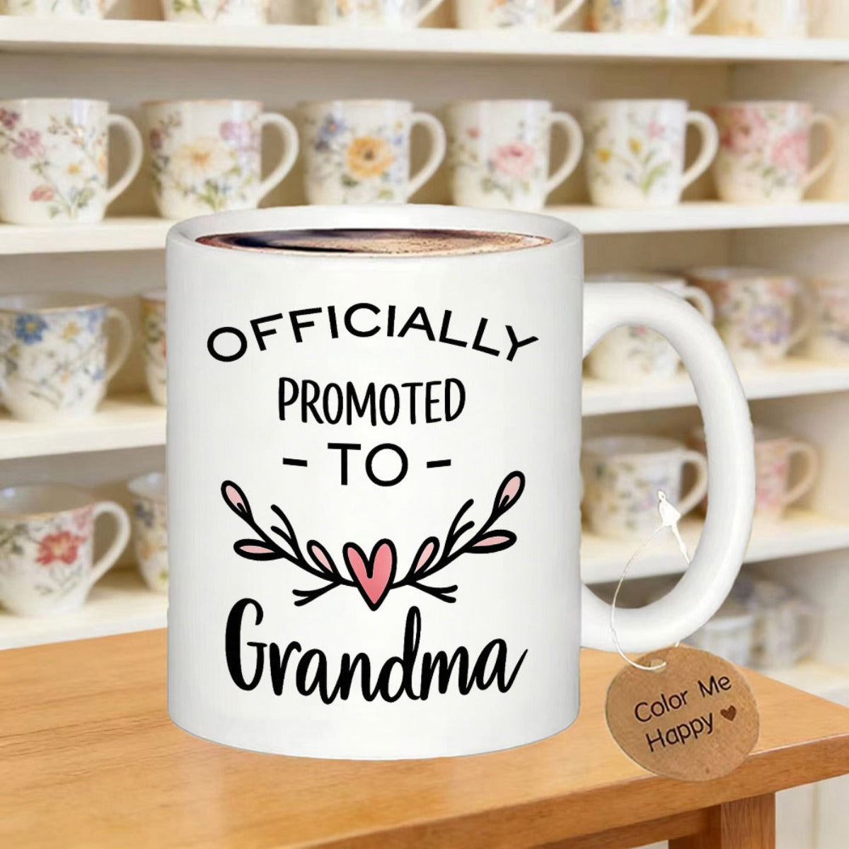 Tailorly White Ceramic 11 oz Mug - Officially Promoted To Grandma Delicate Twigs Featuring A Soft Pink Heart Decoration Mug
