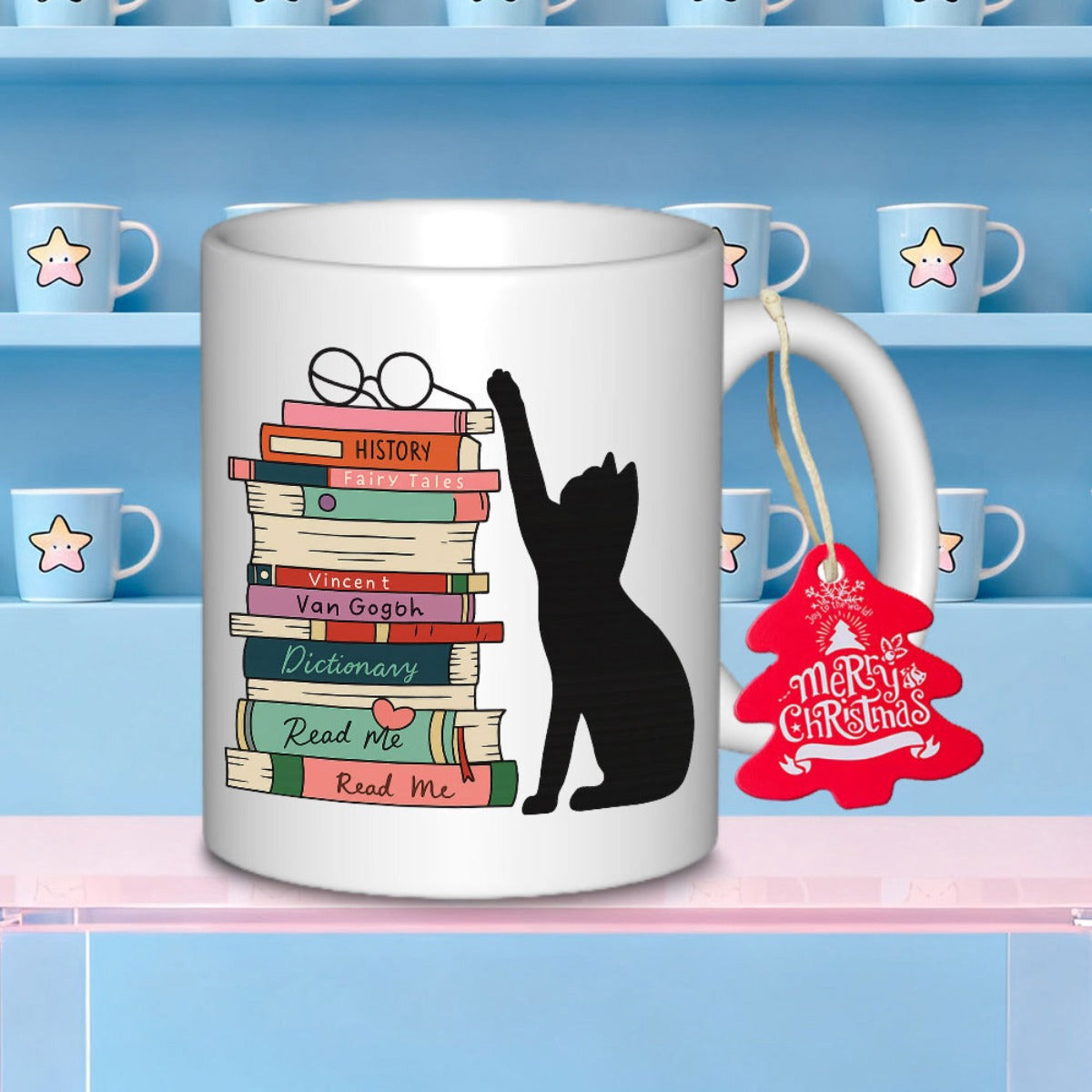 Tailorly White Ceramic 11 oz Mug - History Vincent Van Gogh Dictionary Read Me Playful Black Cat Stretching Toward A Tall Stacked Books Cat