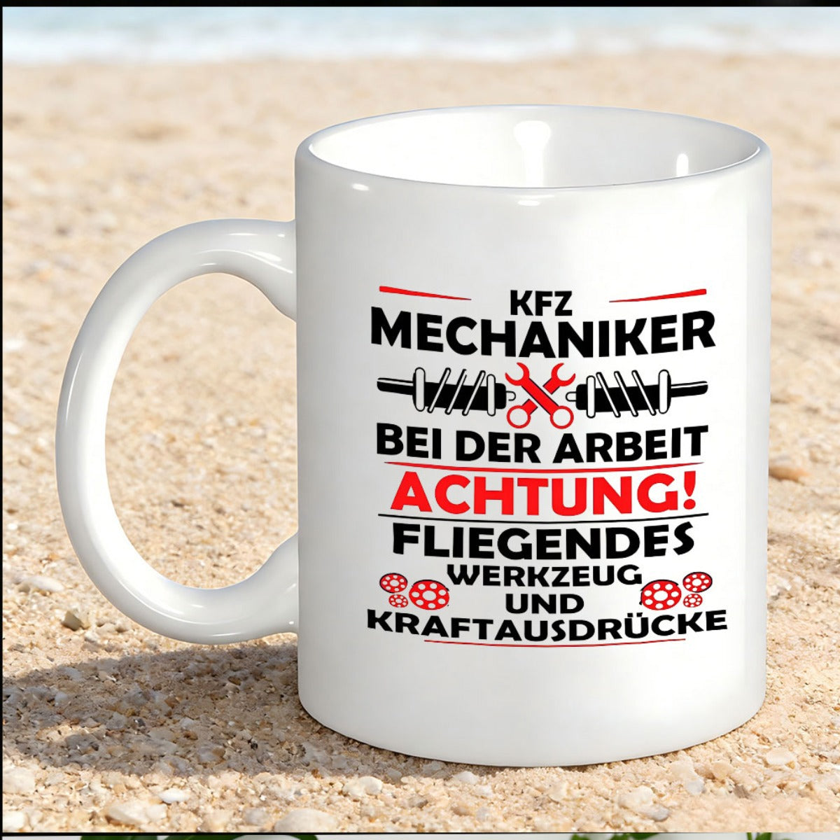 Tailorly White Ceramic 11 oz Mug - Professional Car Mechanic Theme Featuring Crossed Red Wrenches And Springs Gear