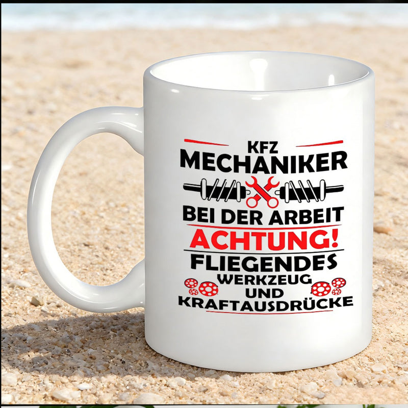 Tailorly White Ceramic 11 oz Mug - Professional Car Mechanic Theme Featuring Crossed Red Wrenches And Springs Gear