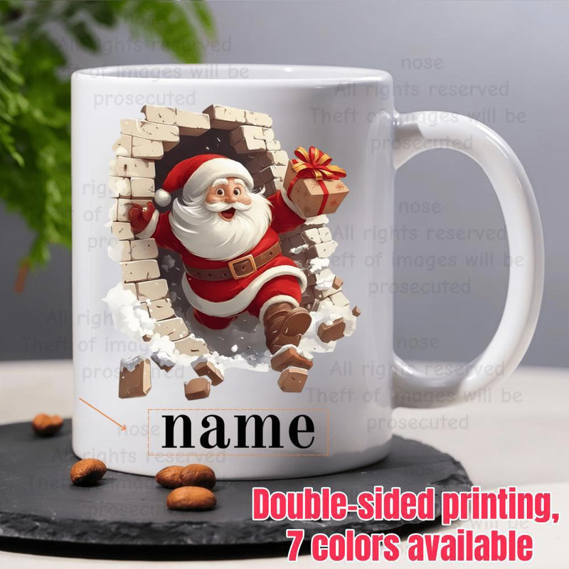 Tailorly White Ceramic 11 oz Mug - Name Jolly Santa Claus Bursting Through A Broken Brick Wall Carrying A Gift Santa