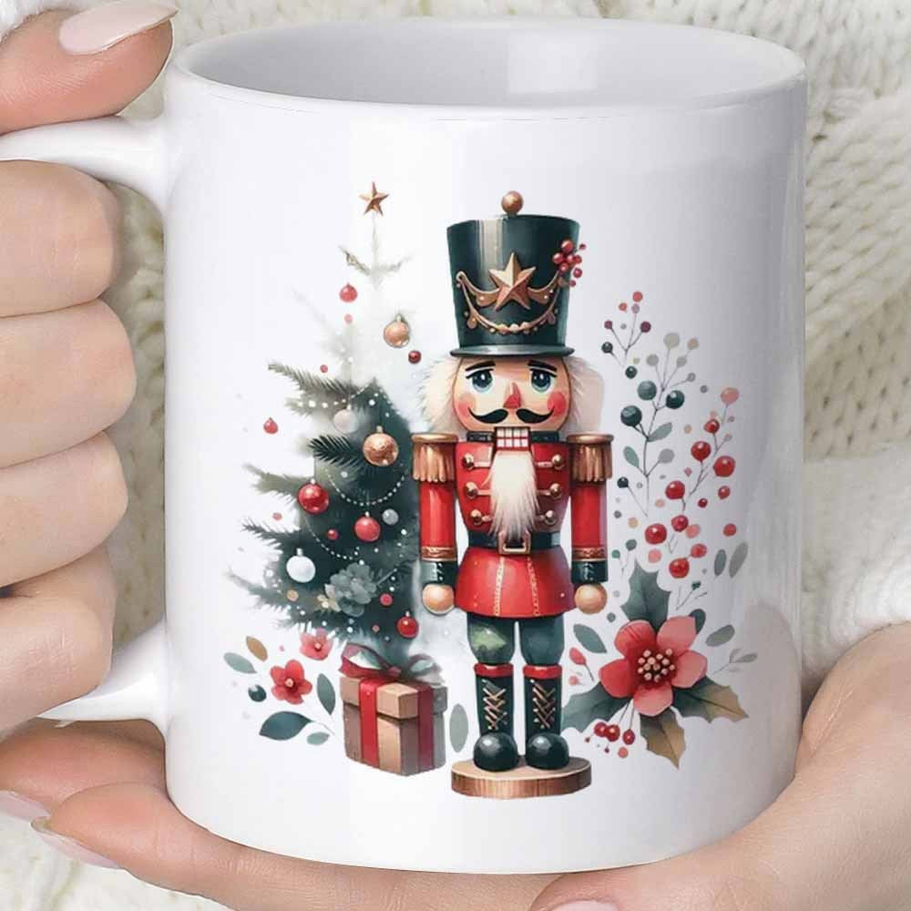 Tailorly White Ceramic 11 oz Mug - Festive Traditional Soldier Standing Beside Decorated Christmas Tree And Winter Floral Nutcracker