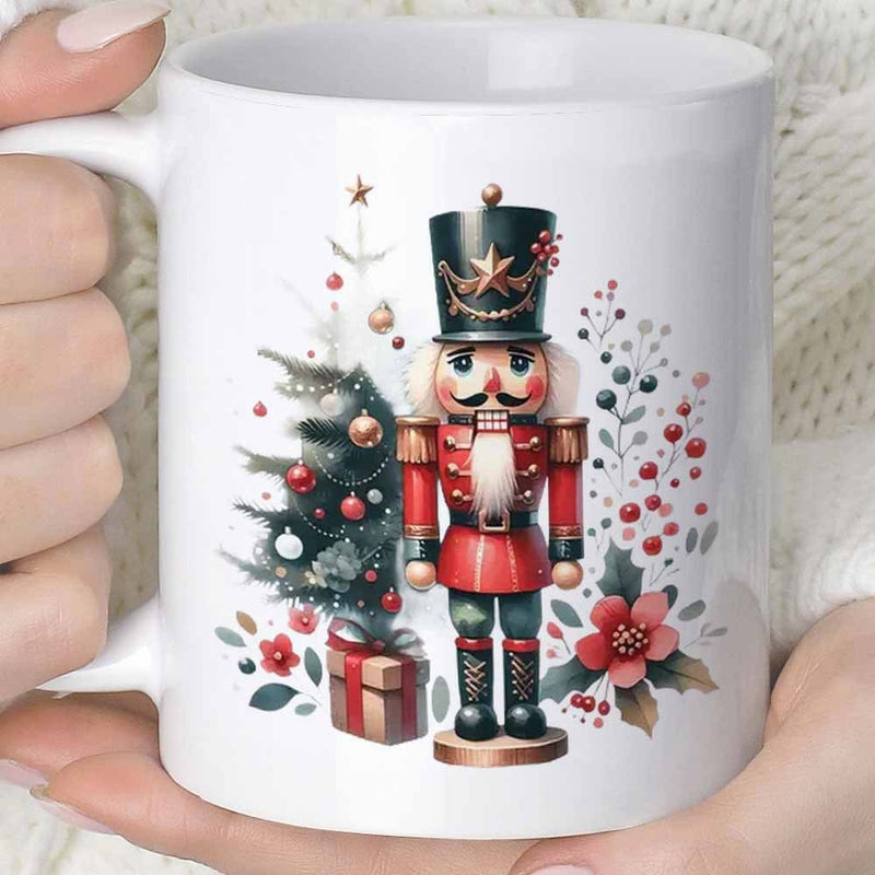 Tailorly White Ceramic 11 oz Mug - Festive Traditional Soldier Standing Beside Decorated Christmas Tree And Winter Floral Nutcracker