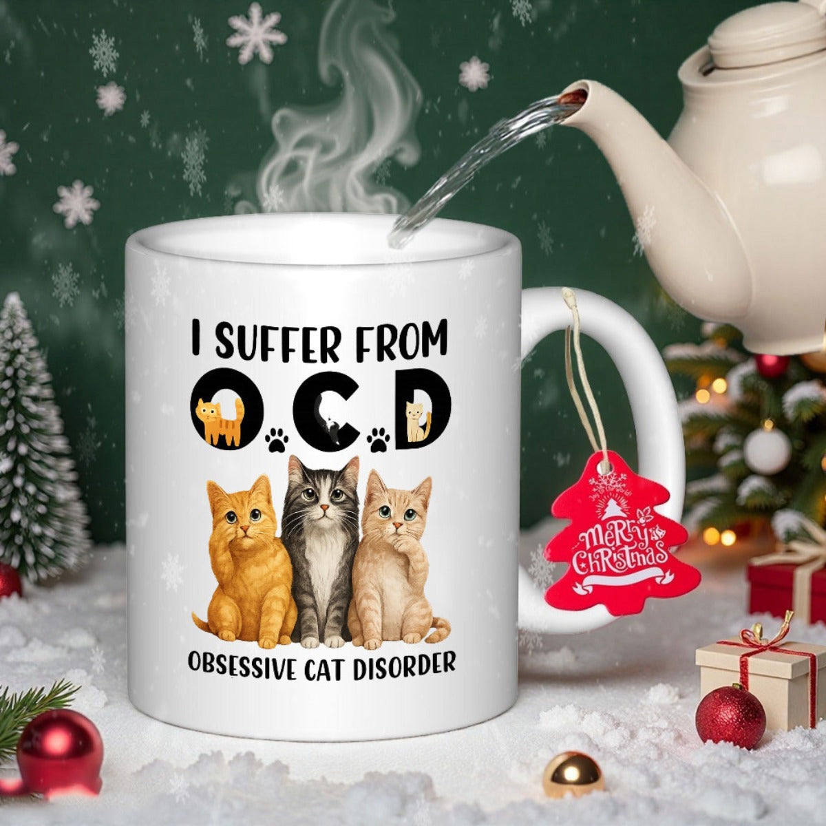 Tailorly White Ceramic 11 oz Mug - I Suffer From OCD Obsessive Cat Disorder Three Charming Felines Sitting Neatly Beneath Bold Decorative Text Cat