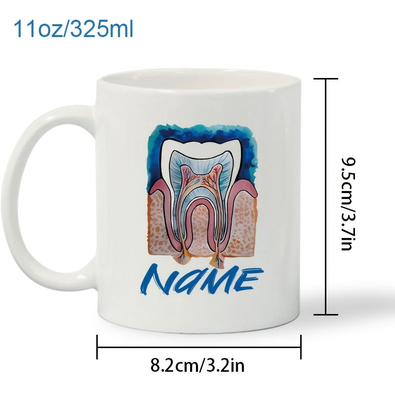 Tailorly White Ceramic 11 oz Mug - Name Anatomical Tooth Cross Section Showing Nerve Structures And Gums In Watercolor Style Tooth