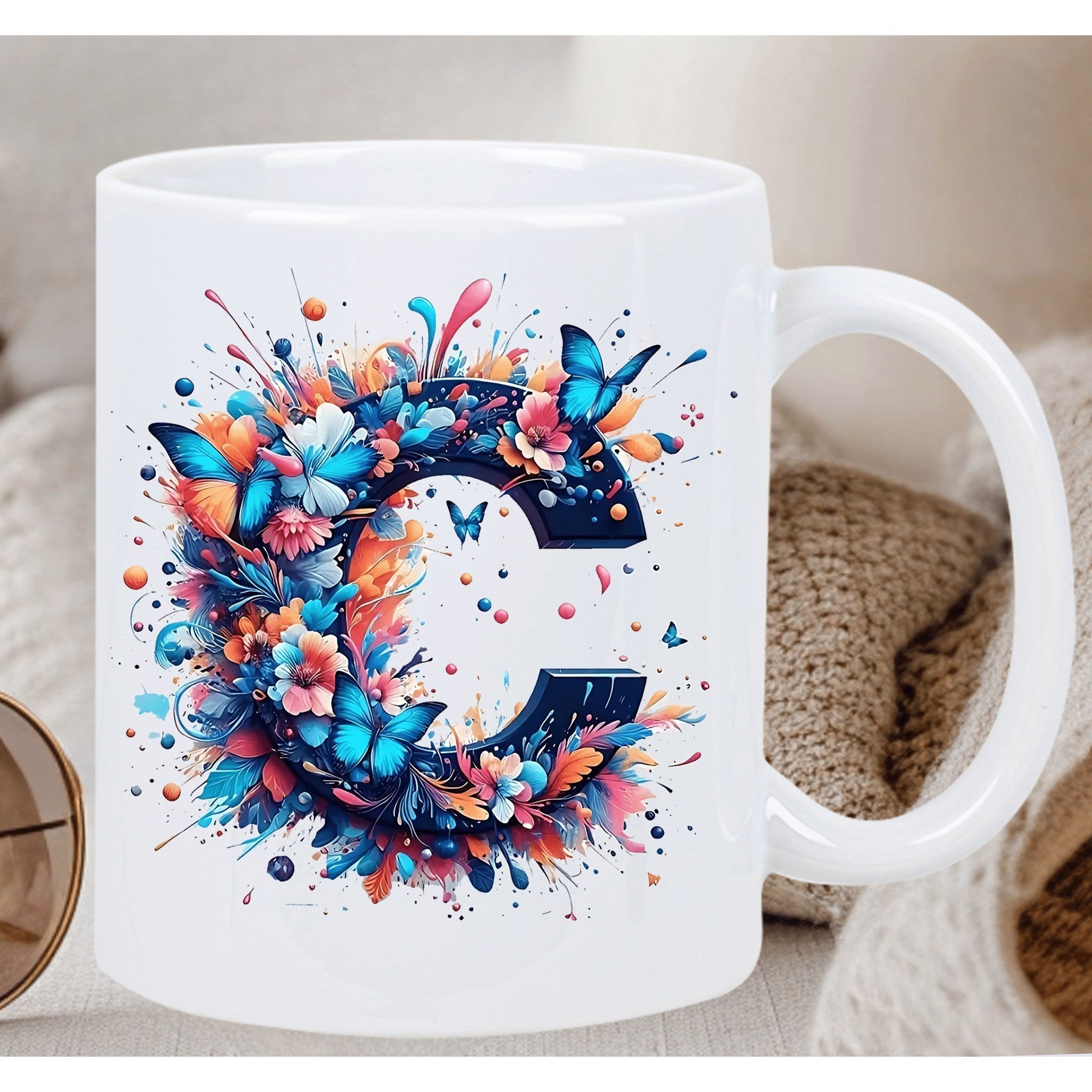 Tailorly White Ceramic 11 oz Mug - Colorful Artistic Floral Elements With Blue Butterflies Adorning A Large Stylized Letter C