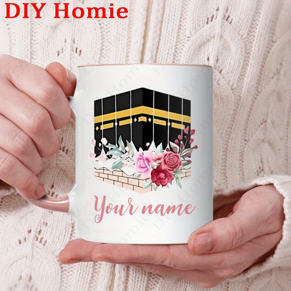 Tailorly White Ceramic 11 oz Mug - Your Name Elegant Sacred Building Surrounded By Delicate Pink Flowers And Greenery Kaaba