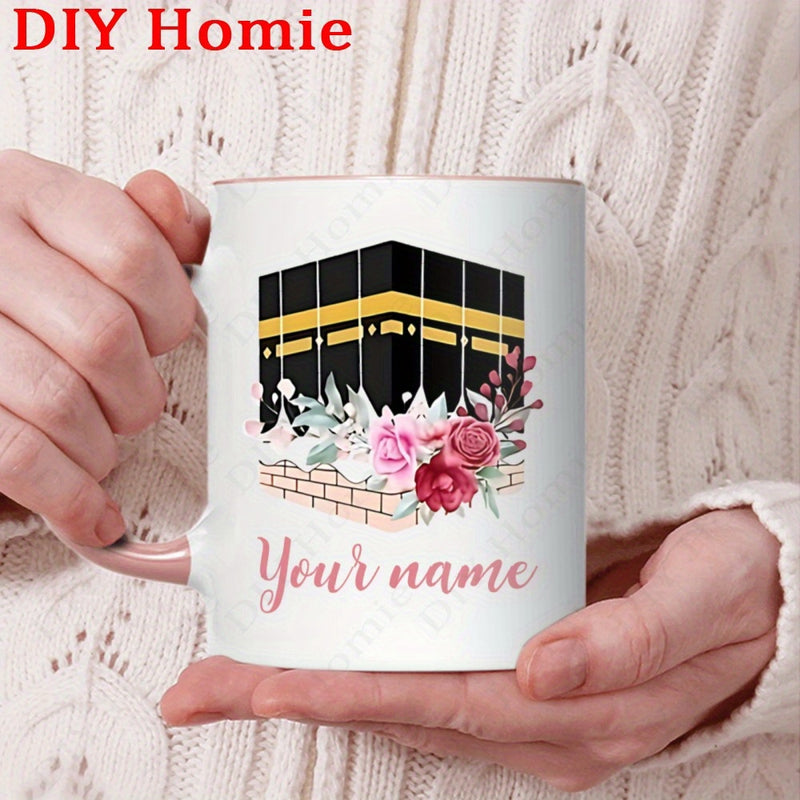 Tailorly White Ceramic 11 oz Mug - Your Name Elegant Sacred Building Surrounded By Delicate Pink Flowers And Greenery Kaaba