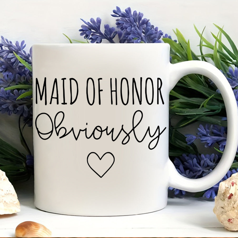 Tailorly White Ceramic 11 oz Mug - Maid Of Honor Obviously Small Minimalist Black Outlined Heart Placed Below Decorative Script Mug