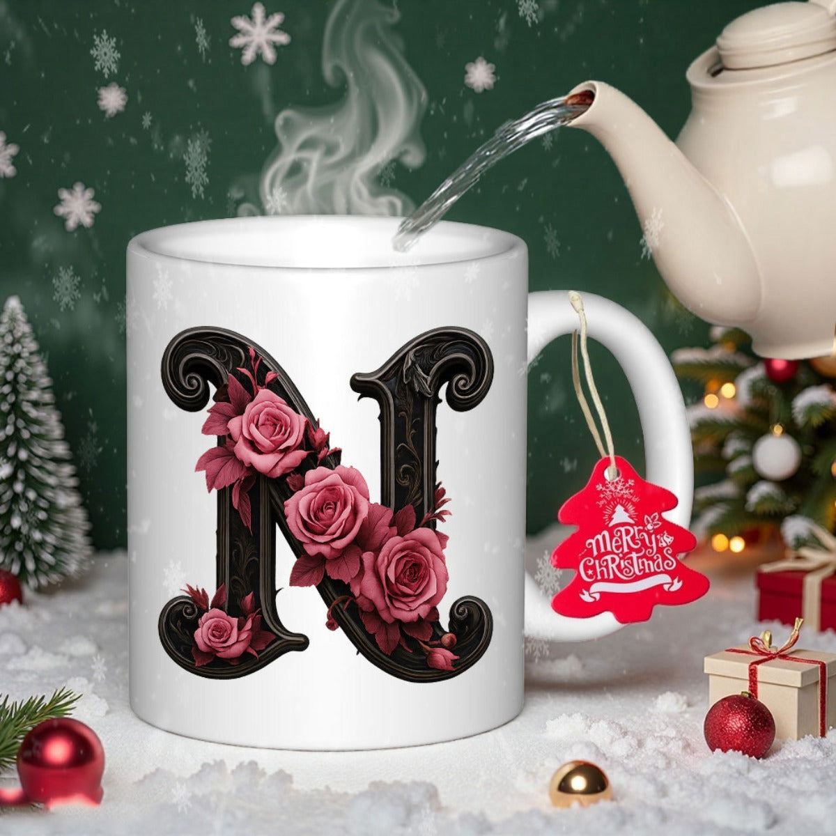 Tailorly White Ceramic 11 oz Mug - Merry Christmas Elegant Dark Ornate Initial Decorated With Blooming Pink Garden Roses Letter