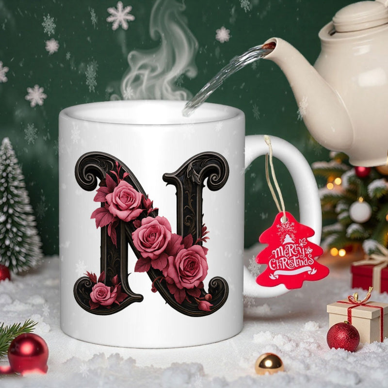 Tailorly White Ceramic 11 oz Mug - Merry Christmas Elegant Dark Ornate Initial Decorated With Blooming Pink Garden Roses Letter