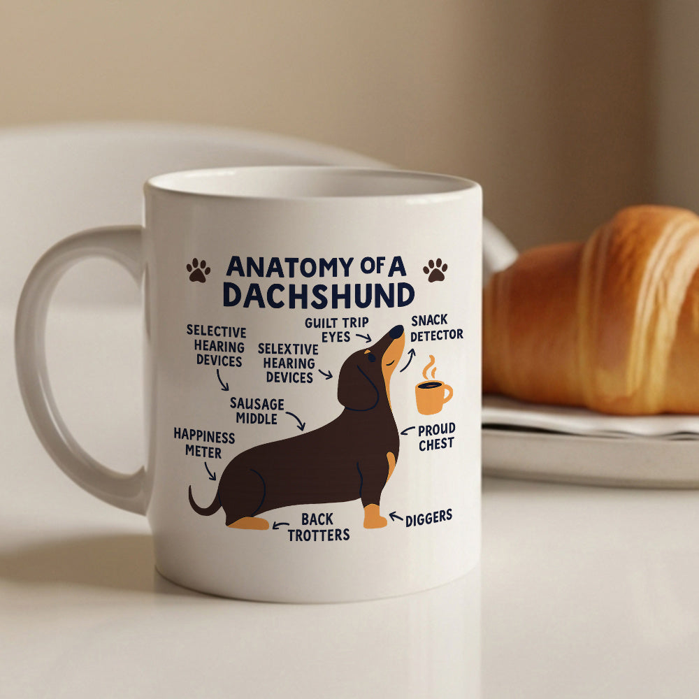Tailorly White Ceramic 11 oz Mug - Anatomy Of A Dachshund Detailed Cartoon Black And Tan Wiener Dog Body Part Diagram Chart Dachshund
