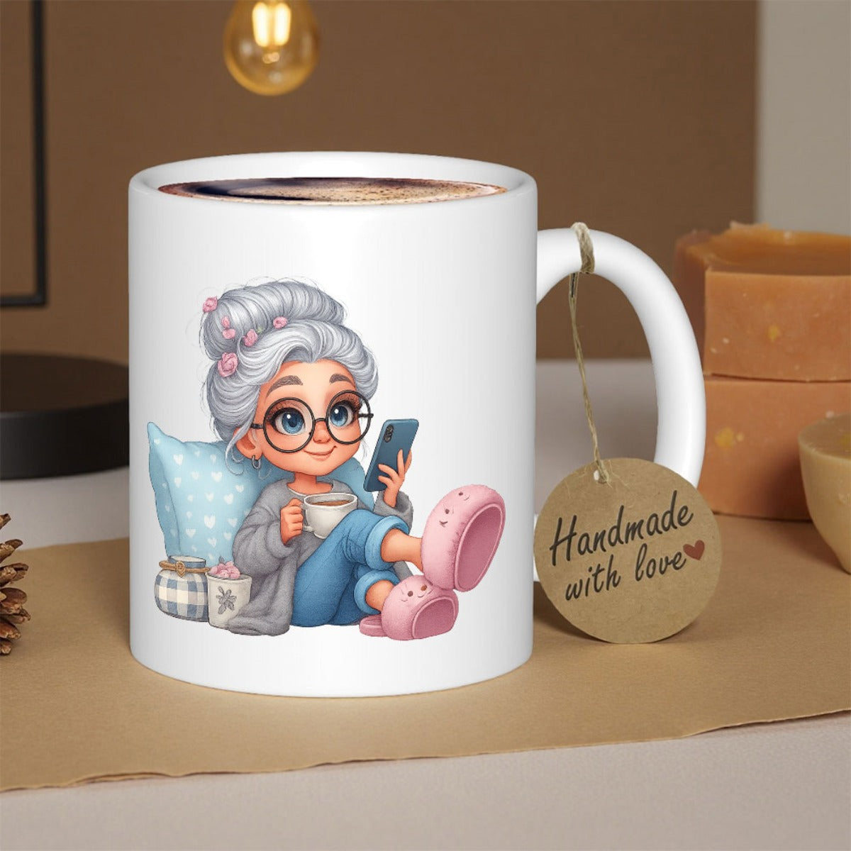 Tailorly White Ceramic 11 oz Mug - Handmade With Love Chibi Elderly Woman Resting With Hot Coffee And Mobile Phone Grandma