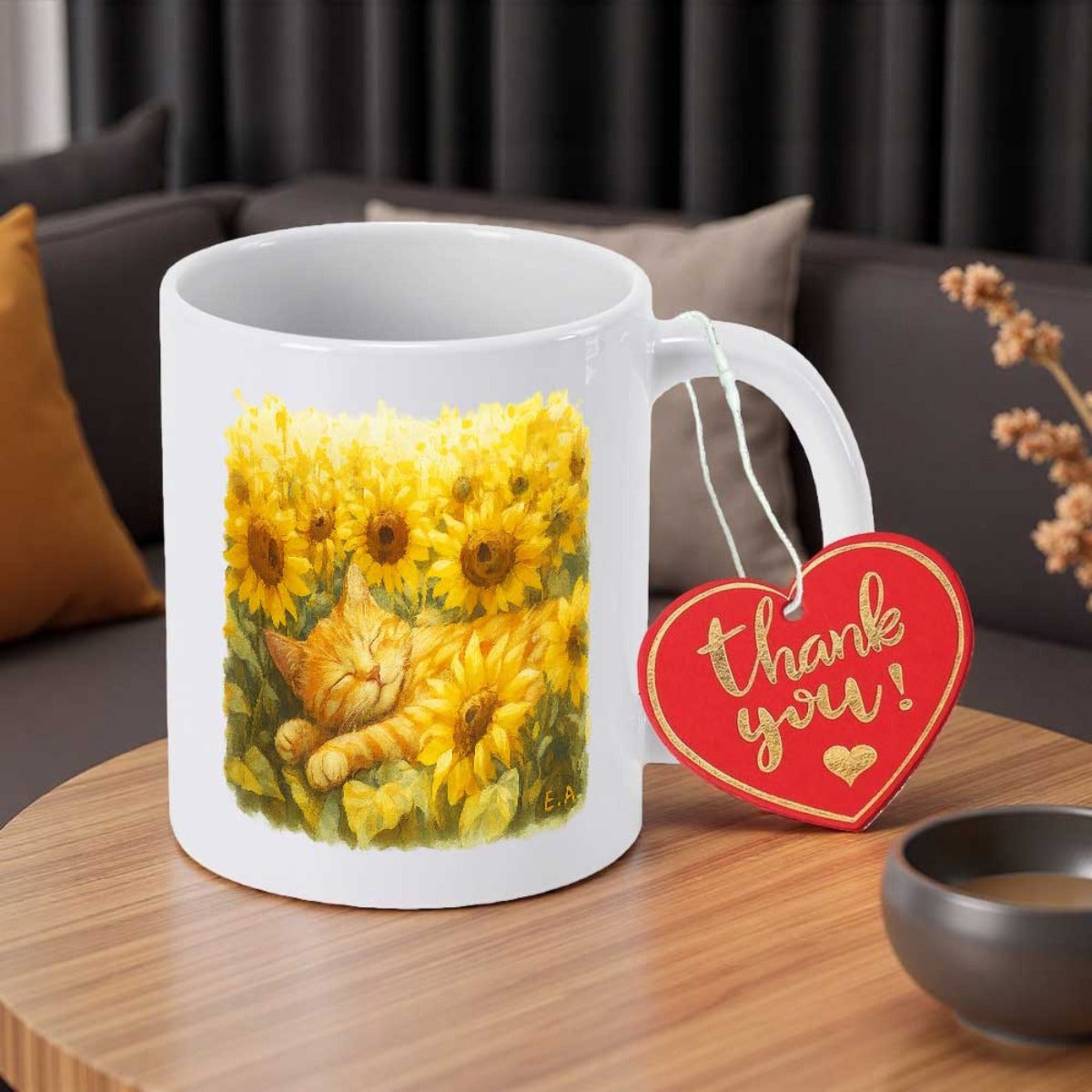 Tailorly White Ceramic 11 oz Mug - Thank You Peaceful Ginger Tabby Sleeping Among Vibrant Yellow Garden Blooming Sunflowers Cat