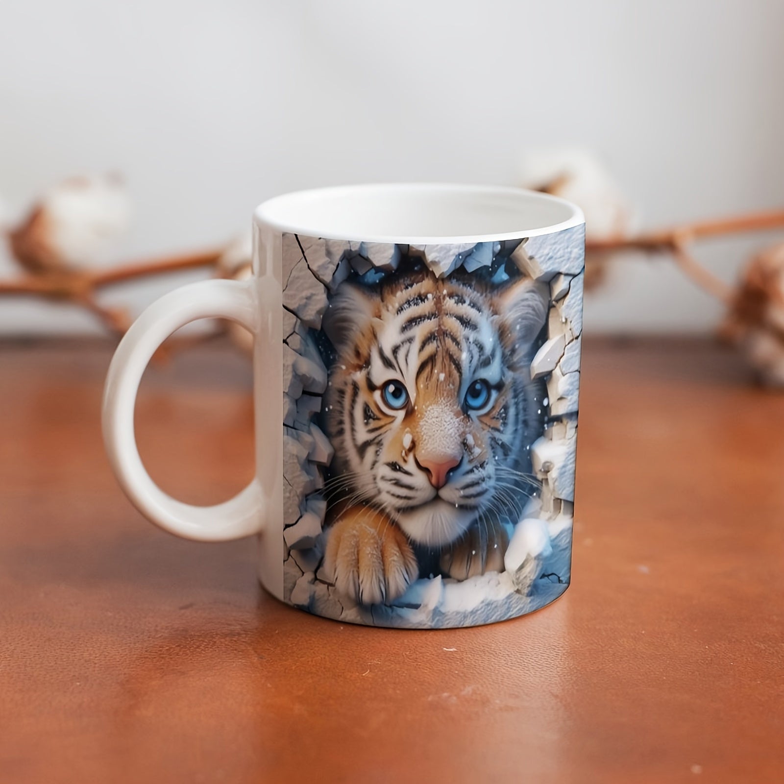 Tailorly White Ceramic 11 oz Mug - Realistic Blue Eyed Cub Emerging Through Cracked Concrete Wall Tiger
