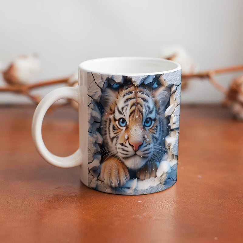 Tailorly White Ceramic 11 oz Mug - Realistic Blue Eyed Cub Emerging Through Cracked Concrete Wall Tiger