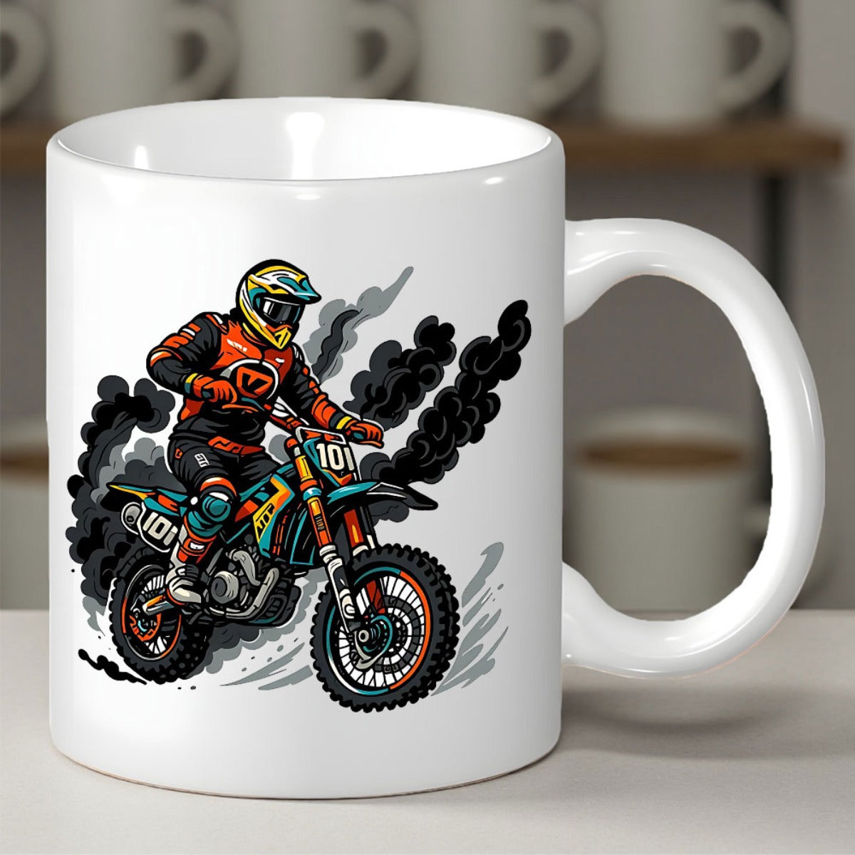 Tailorly White Ceramic 11 oz Mug - Dynamic Motocross Rider Speeding Through Dark Trails On Powerful Offroad Motorbike