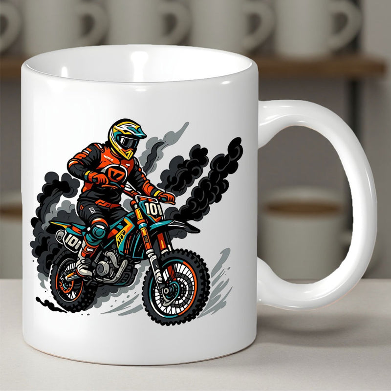 Tailorly White Ceramic 11 oz Mug - Dynamic Motocross Rider Speeding Through Dark Trails On Powerful Offroad Motorbike