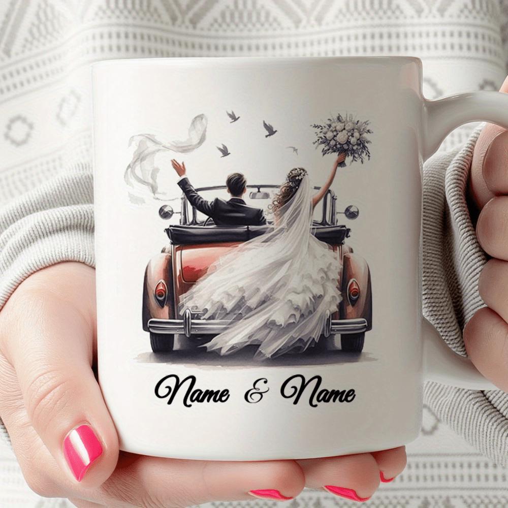 Tailorly White Ceramic 11 oz Mug - Name And Name Newlywed Couple Riding In A Classic Vintage Convertible Car