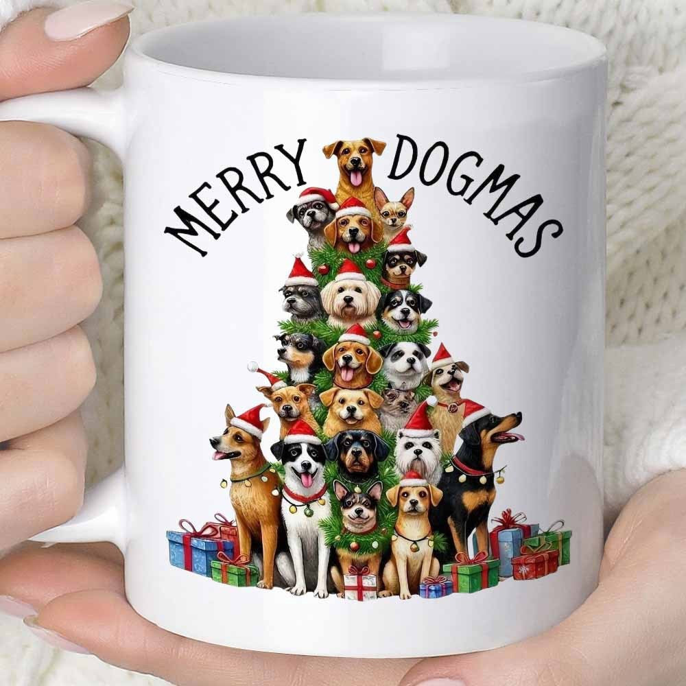 Tailorly White Ceramic 11 oz Mug - Merry Dogmas Festive Dogs Wearing Santa Hats Arranged In Christmas Tree Shape Dog