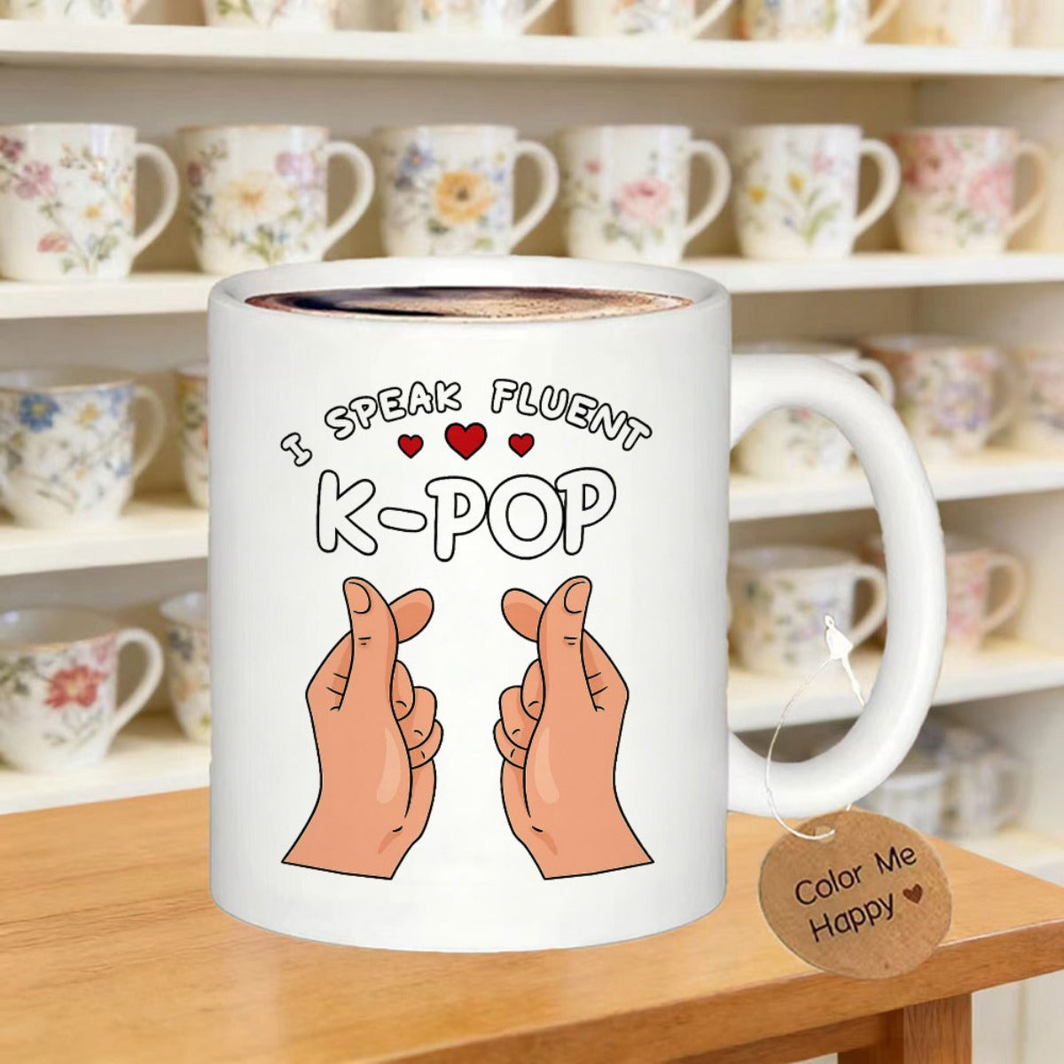 Tailorly White Ceramic 11 oz Mug - I Speak Fluent K Pop Two Cartoon Style Hands Making Korean Finger Heart Symbols With Red Hearts Hand