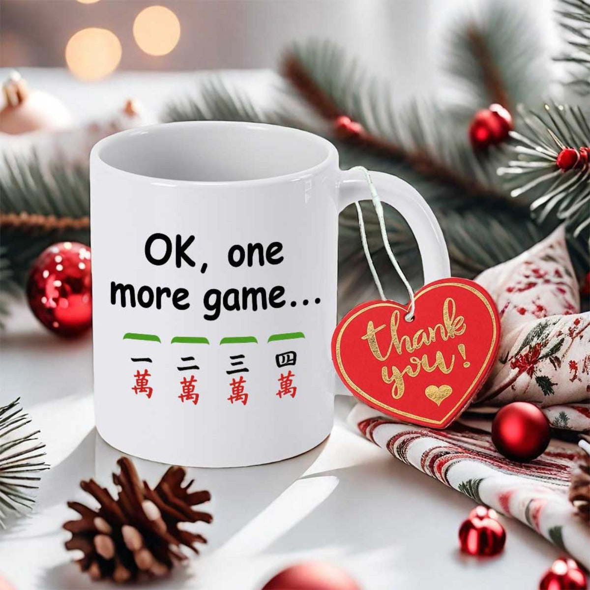 Tailorly White Ceramic 11 oz Mug - Ok One More Game Traditional Gaming Pieces With Red And Green Symbols On White Background Tile