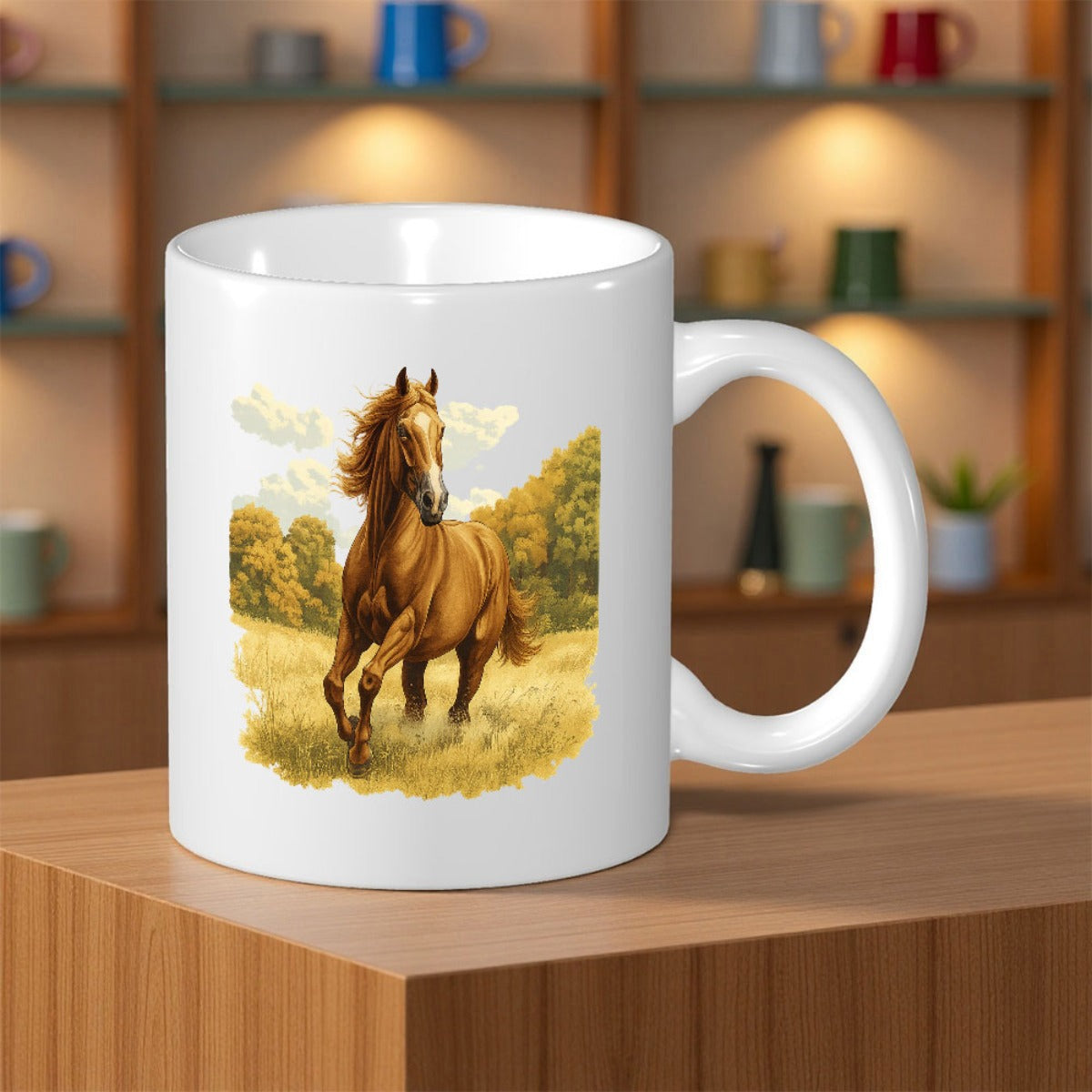 Tailorly White Ceramic 11 oz Mug - Majestic Brown Stallion Galloping Through Golden Autumn Fields Under Soft Sunlight Horse