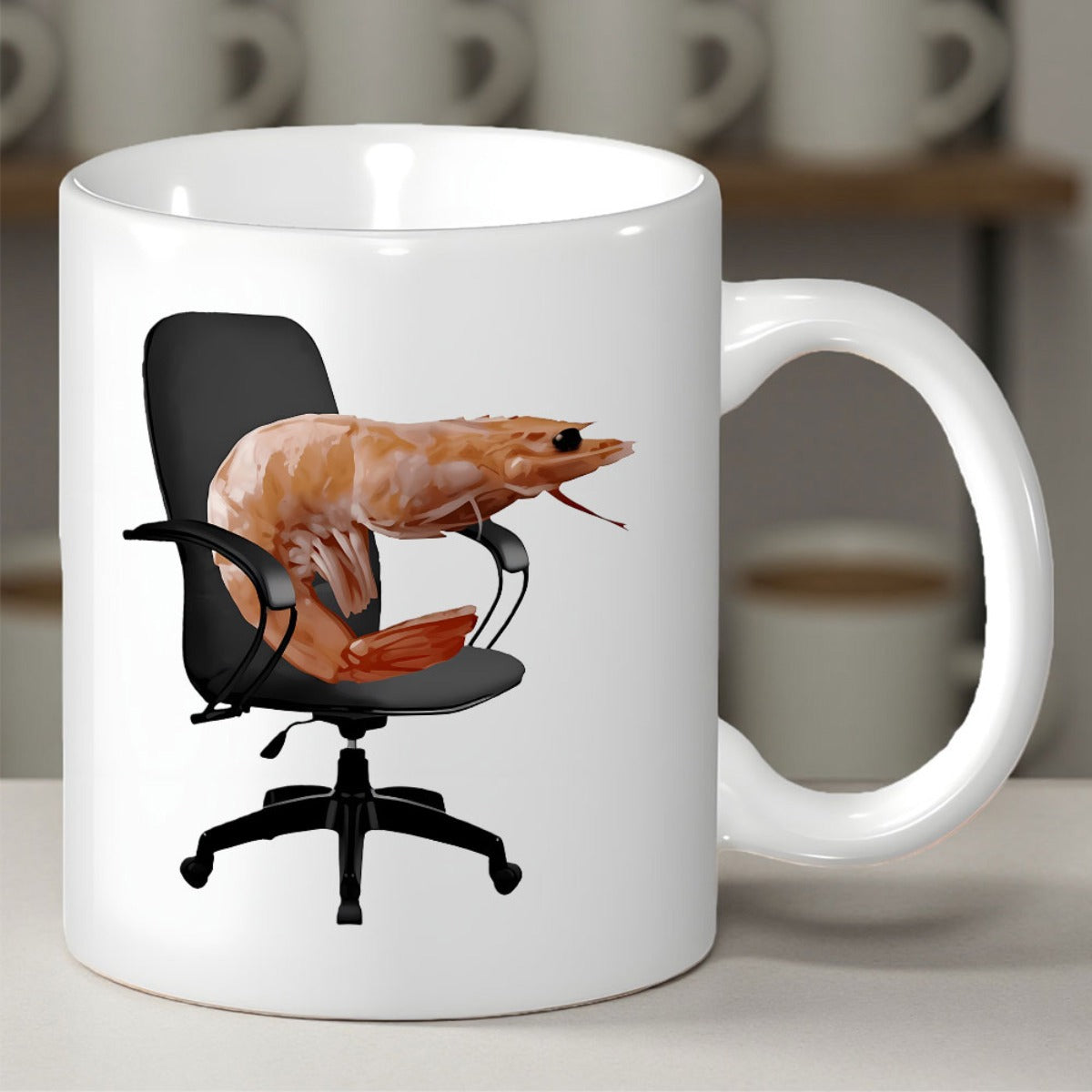 Tailorly White Ceramic 11 oz Mug - Humorous Realistic Prawn Resting Inside A Modern Ergonomic Black Swivel Chair