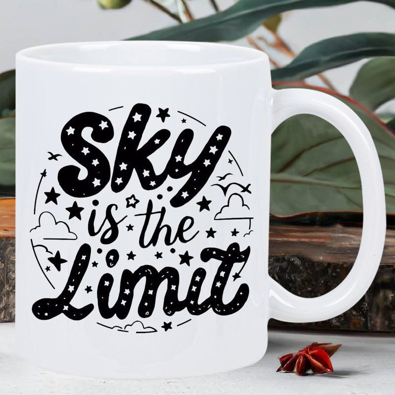 Tailorly White Ceramic 11 oz Mug - Sky Is The Limit Whimsical Circular Illustration Featuring Tiny Stars Clouds And Soaring Birds Sky
