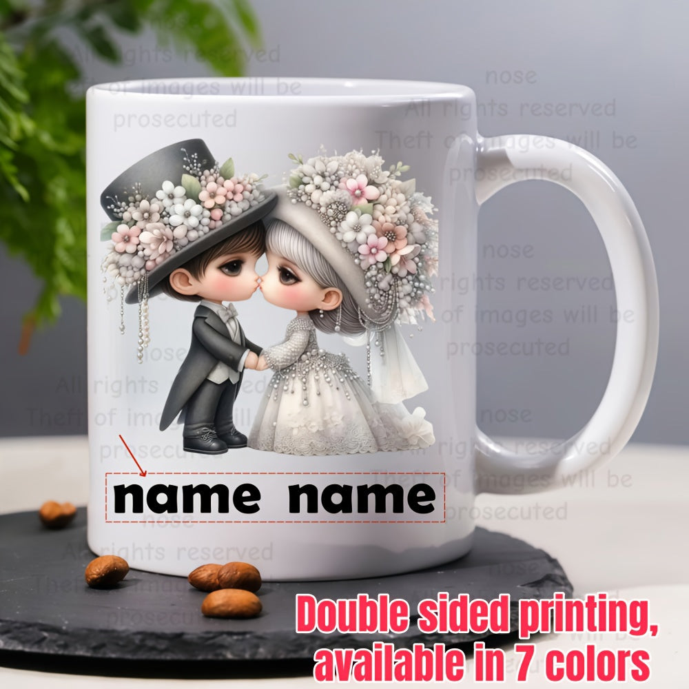 Tailorly White Ceramic 11 oz Mug - Name Name Adorable Cartoon Bride And Groom In Elegant Wedding Attire With Floral Decor Couple