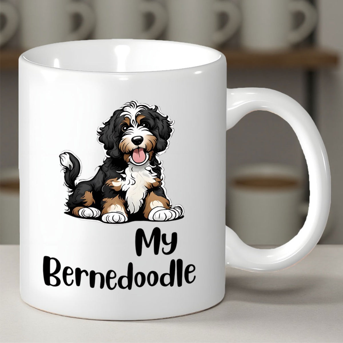 Tailorly White Ceramic 11 oz Mug - My Bernedoodle Fluffy Cute Puppy Sitting Calmly In A Peaceful Relaxed State Bernedoodle