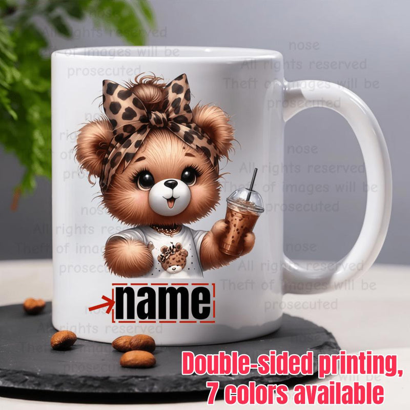 Tailorly White Ceramic 11 oz Mug - Name Adorable Cartoon Teddy Bear Wearing Leopard Print Bow Holding Cold Coffee Bear
