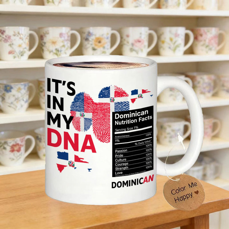 Tailorly White Ceramic 11 oz Mug - Its In My DNA Dominican Vibrant Patriotic Flag Colors Stylized Fingerprint And Geographic Map Layout Map