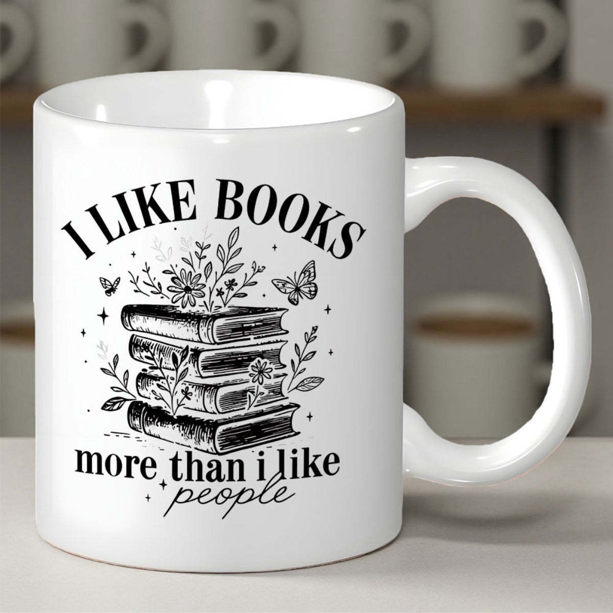 Tailorly White Ceramic 11 oz Mug - I Like Books More Than I Like People Vintage Stacked Literature With Blooming Wildflowers And Graceful Fluttering Butterflies