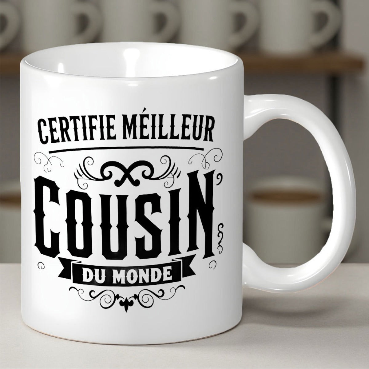 Tailorly White Ceramic 11 oz Mug - Cousin Vintage Black Decorative Flourishes And Calligraphy Pattern On White Porcelain Mug