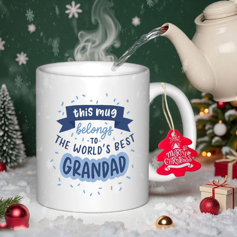 Tailorly White Ceramic 11 oz Mug - This Mug Belongs To The Worlds Best Grandad Festive Holiday Scene With Snowflakes And Decorative Elements Mug