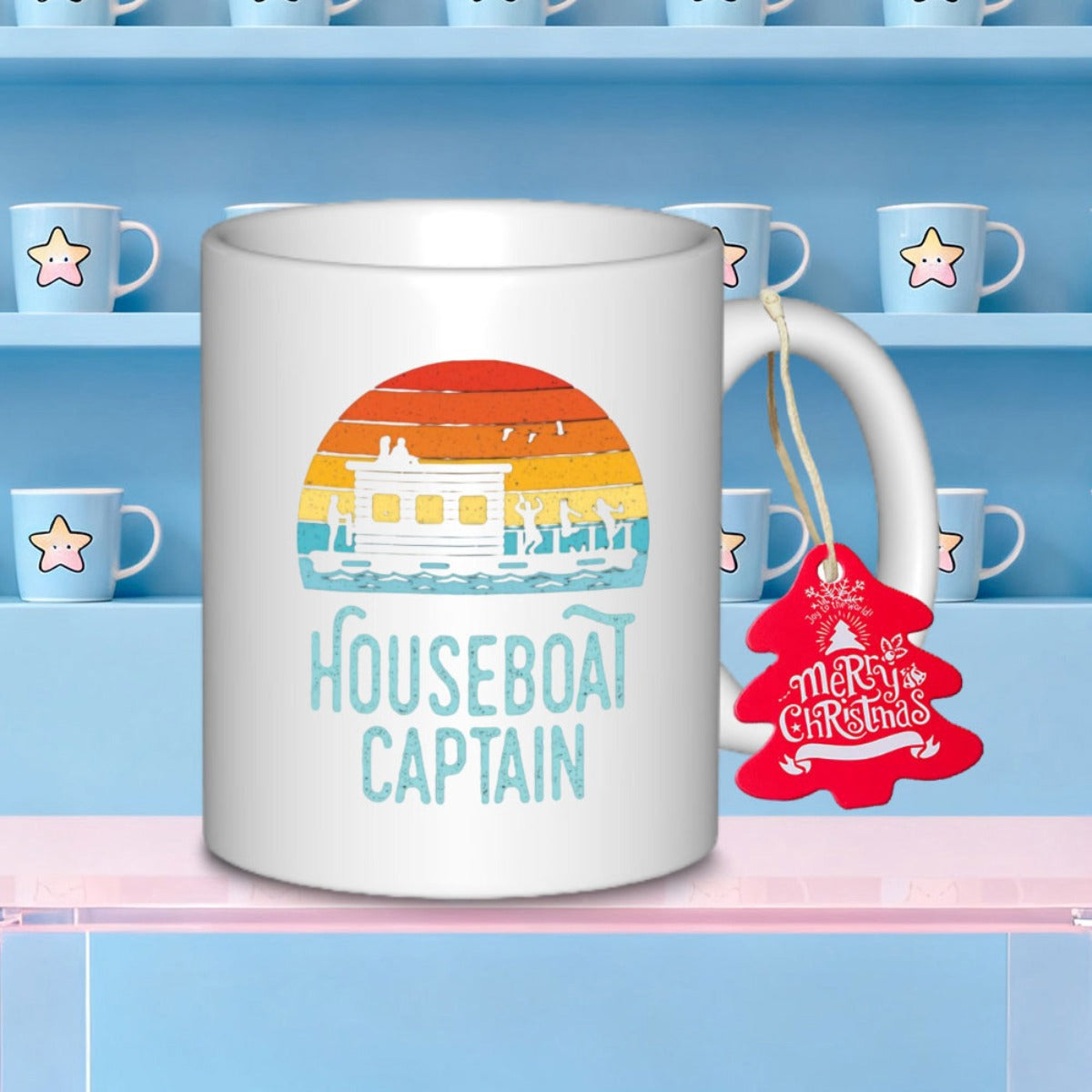 Tailorly White Ceramic 11 oz Mug - Houseboat Captain Vintage Sun Setting Behind A Peaceful Floating Home On Water Houseboat