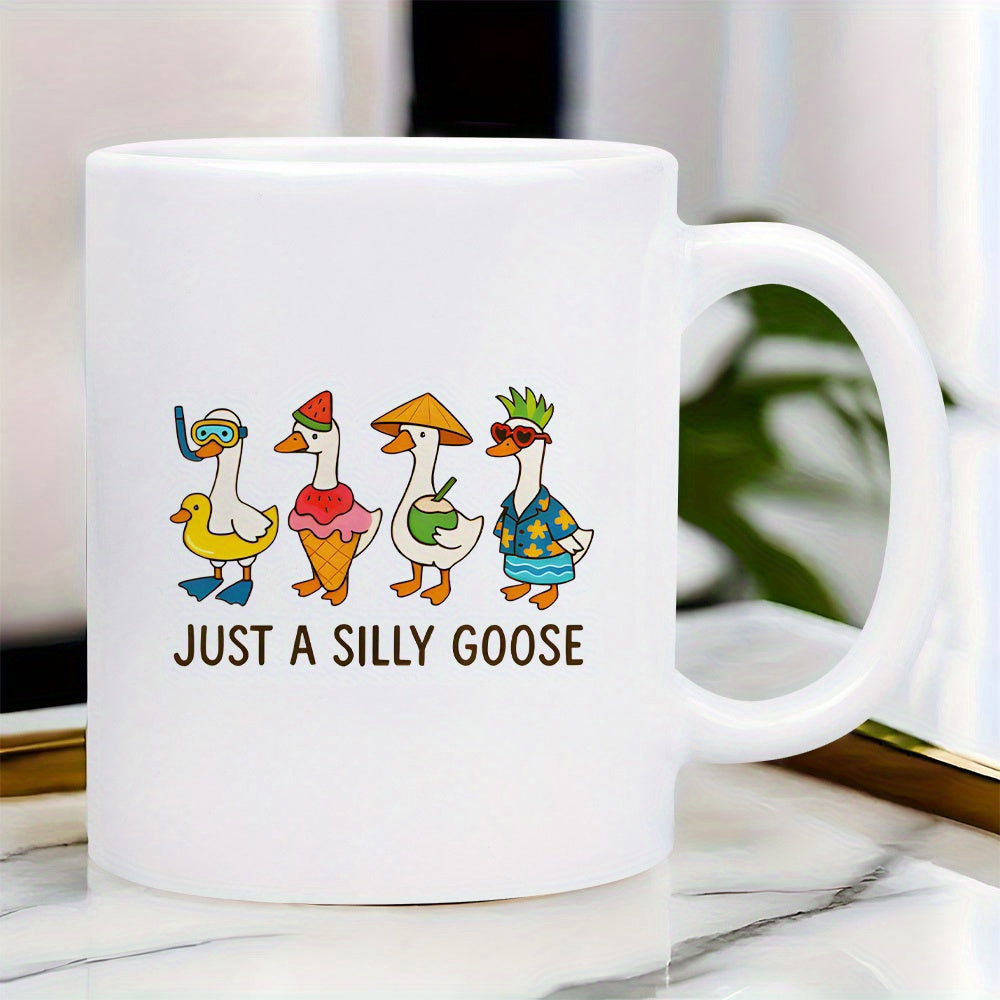 Tailorly White Ceramic 11 oz Mug - Just A Silly Goose Cartoon Birds Wearing Colorful Summer Outfits And Holiday Accessories Standing Together Goose