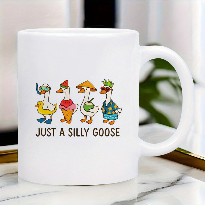 Tailorly White Ceramic 11 oz Mug - Just A Silly Goose Cartoon Birds Wearing Colorful Summer Outfits And Holiday Accessories Standing Together Goose