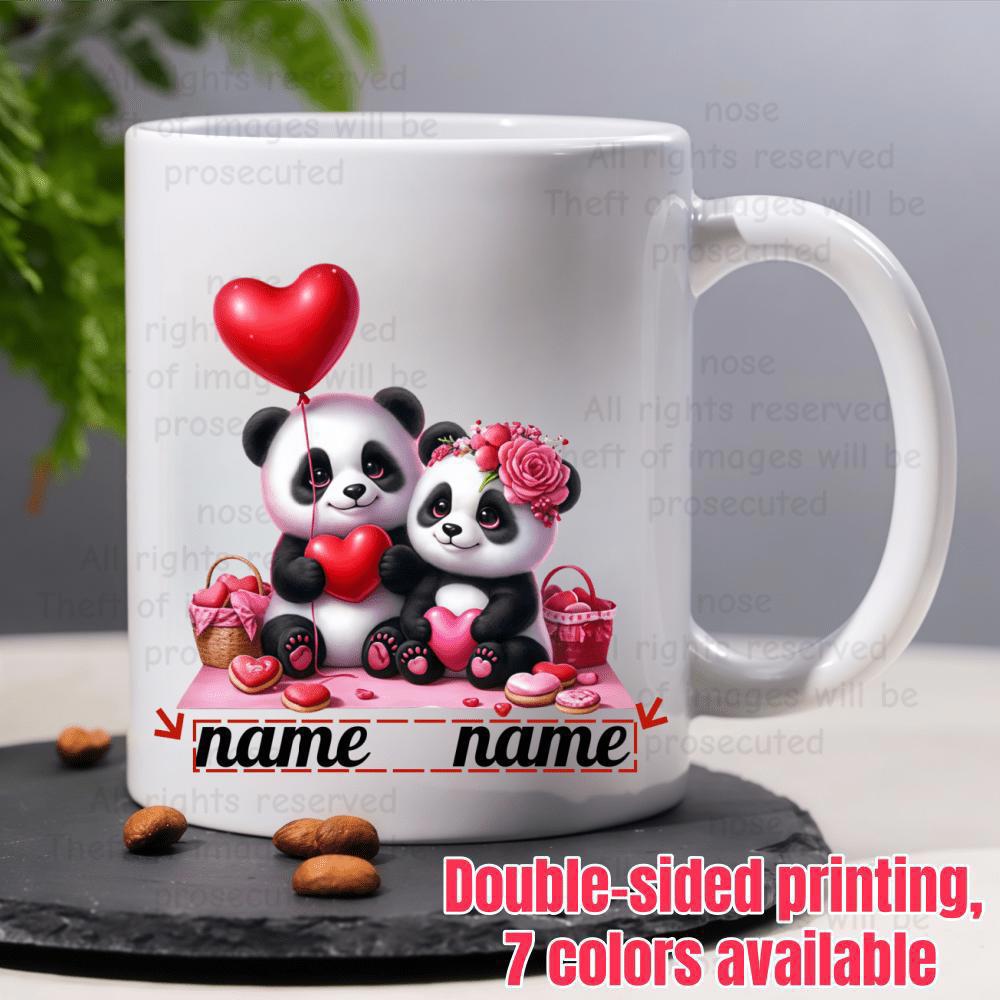 Tailorly White Ceramic 11 oz Mug - Name Name Two Adorable Cartoon Pandas Holding Red Hearts Among Pink Floral Decorations Panda