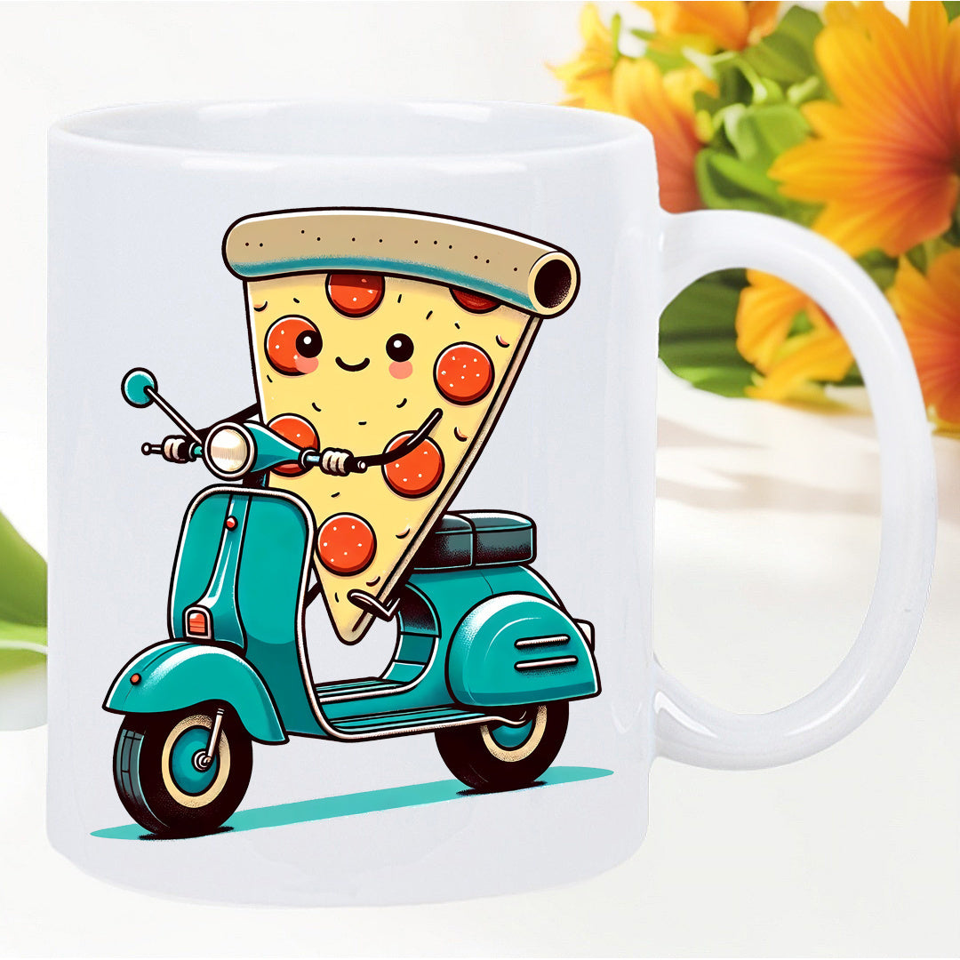 Tailorly White Ceramic 11 oz Mug - Cute Smiling Pepperoni Pizza Slice Riding A Vintage Teal Motorized Scooter