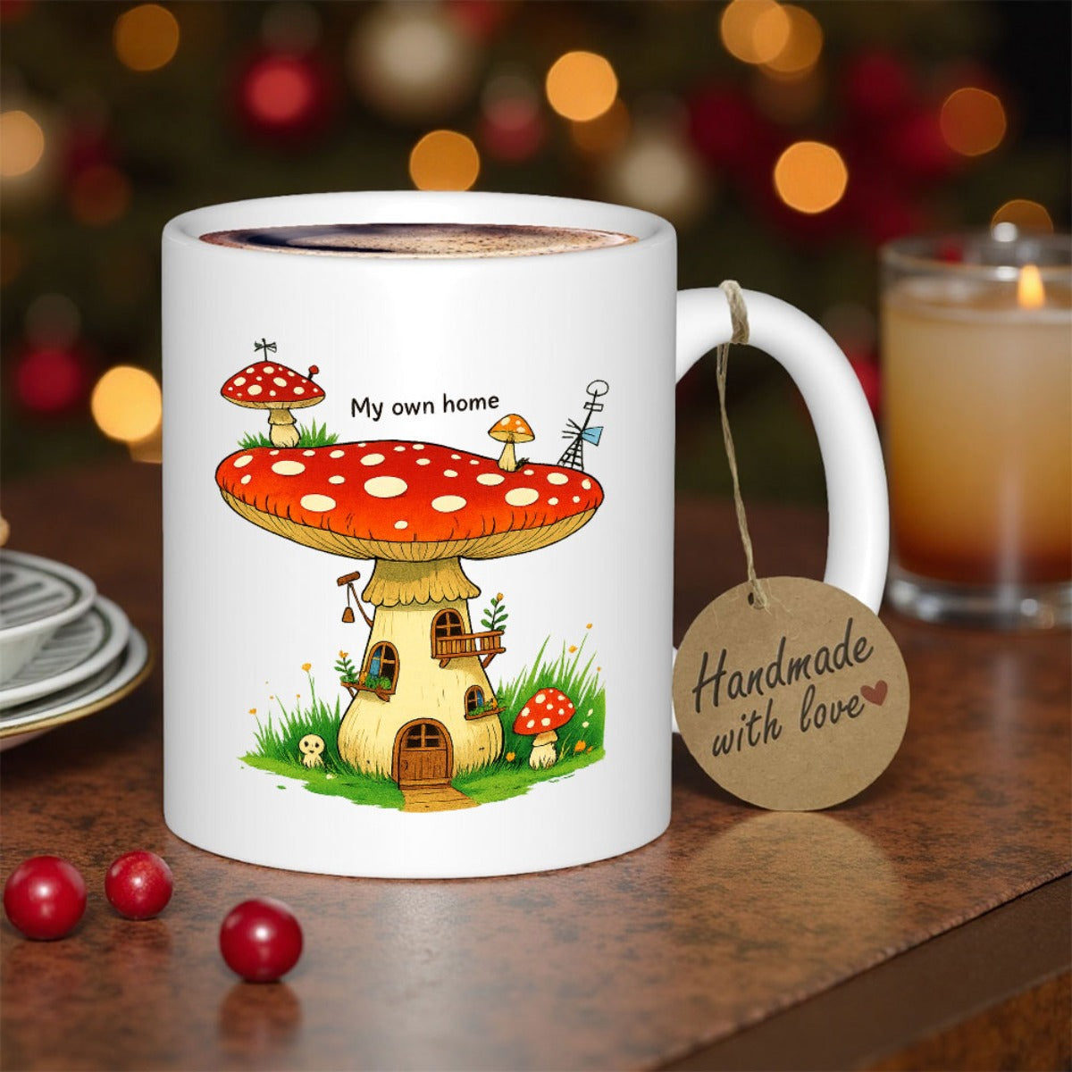 Tailorly White Ceramic 11 oz Mug - My Own Home Whimsical Red Spaced Spots Mushroom House Surrounded By Lush Green Grass Mushroom